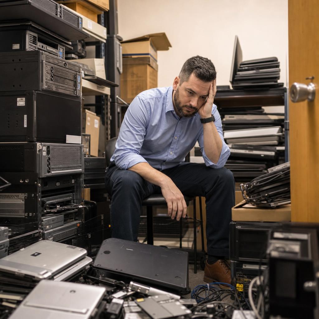 Frustrated by tangled computer cables and equipment